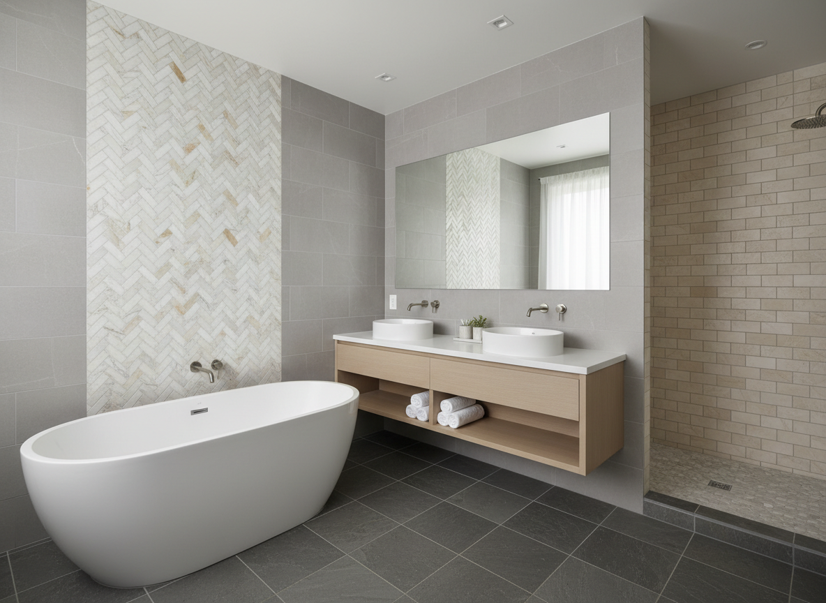 A professional high-quality photograph of a beautifully completed tiled bathroom or kitchen interior for GT Tiles, featuring elegant natural stone, porcelain, and ceramic tiles in a refined neutral palette of warm white, soft grey, beige, and charcoal to match a clean construction website. No people, no text, no logos, realistic architectural photography.
