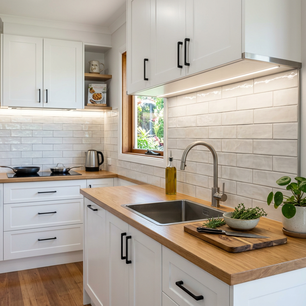 Bright white kitchen with wood countertops, tiled backsplash, and garden view