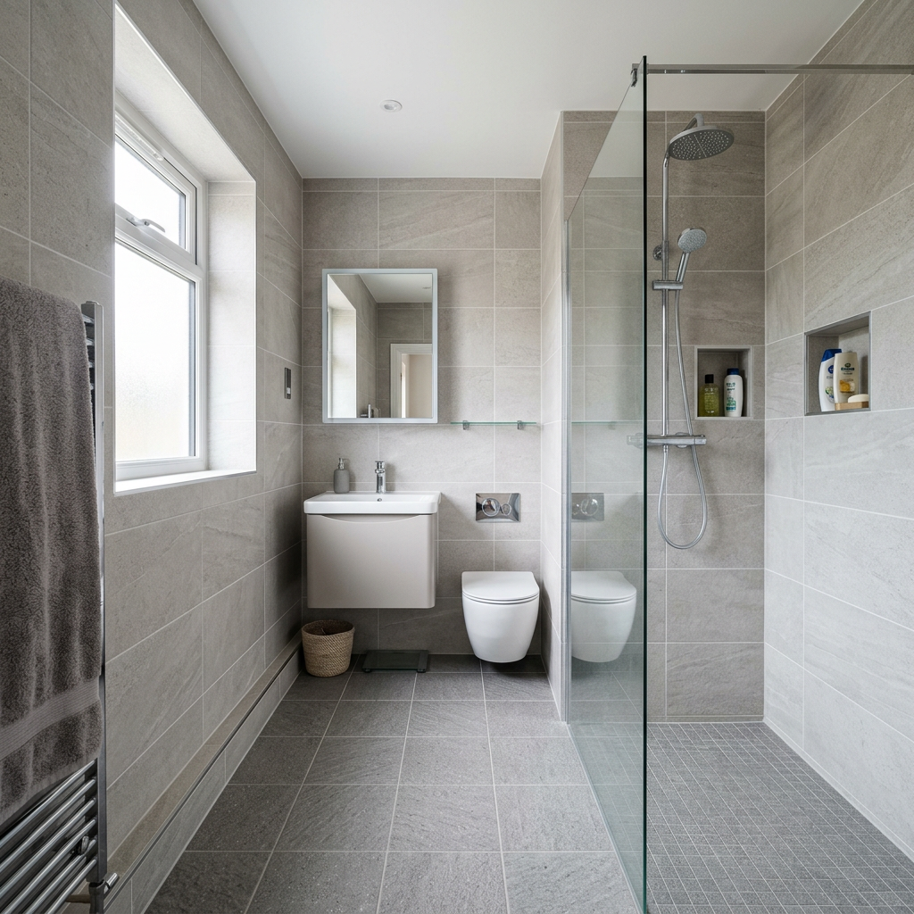 Modern gray-tiled bathroom with sink, toilet, and glass shower
