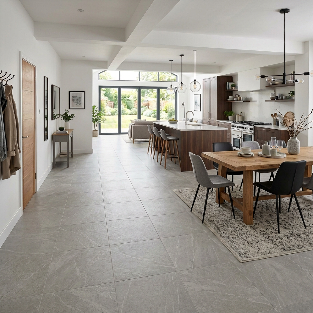 Woman walking through a bright open-plan kitchen and dining area