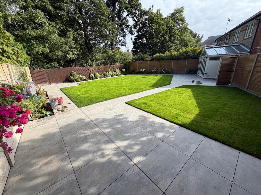 Garden patio with slate tiling and landscaping