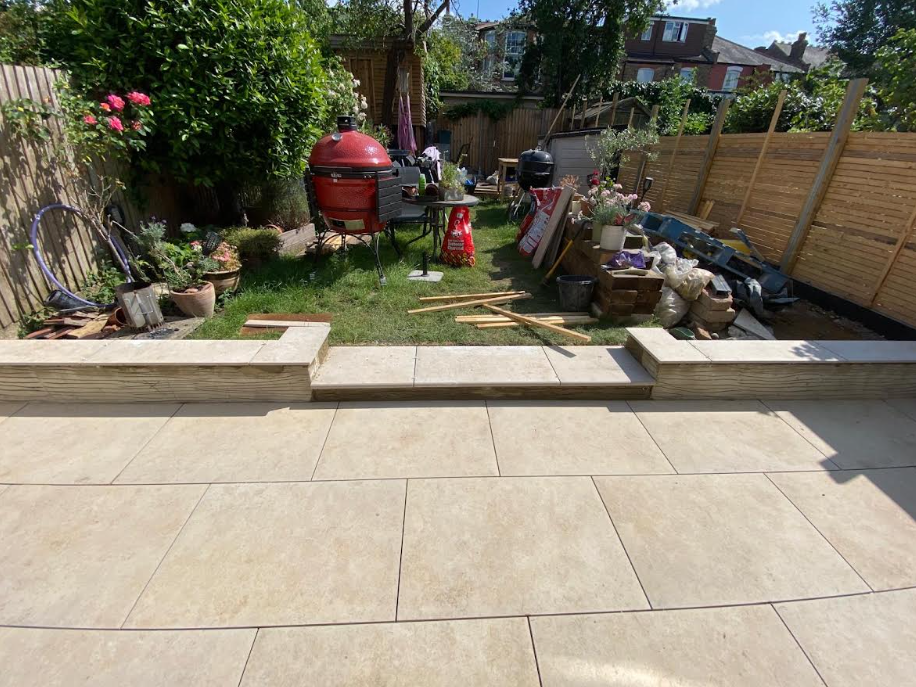Garden patio with natural stone tiling